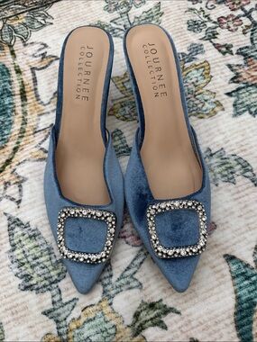 Journee Collection Blue Velvet Crystal-Buckle Pointed Mules